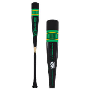 Side view of a black baseball bat with green and yellow accents, showing "Victus" and "29/19" text.