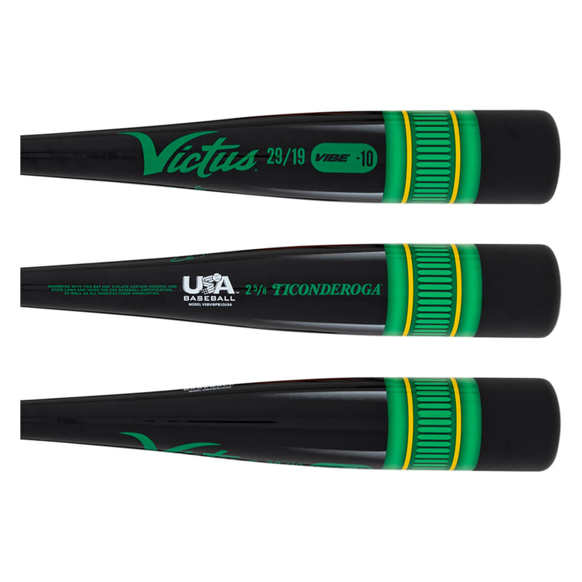 Top-down view of a black baseball bat with green "Victus" logo, "VIBE -10" text, and green and yellow grip bands.