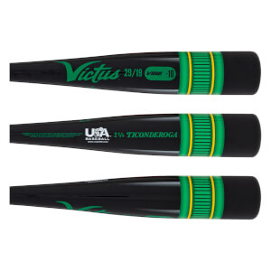 Top-down view of a black baseball bat with green "Victus" logo, "VIBE -10" text, and green and yellow grip bands.