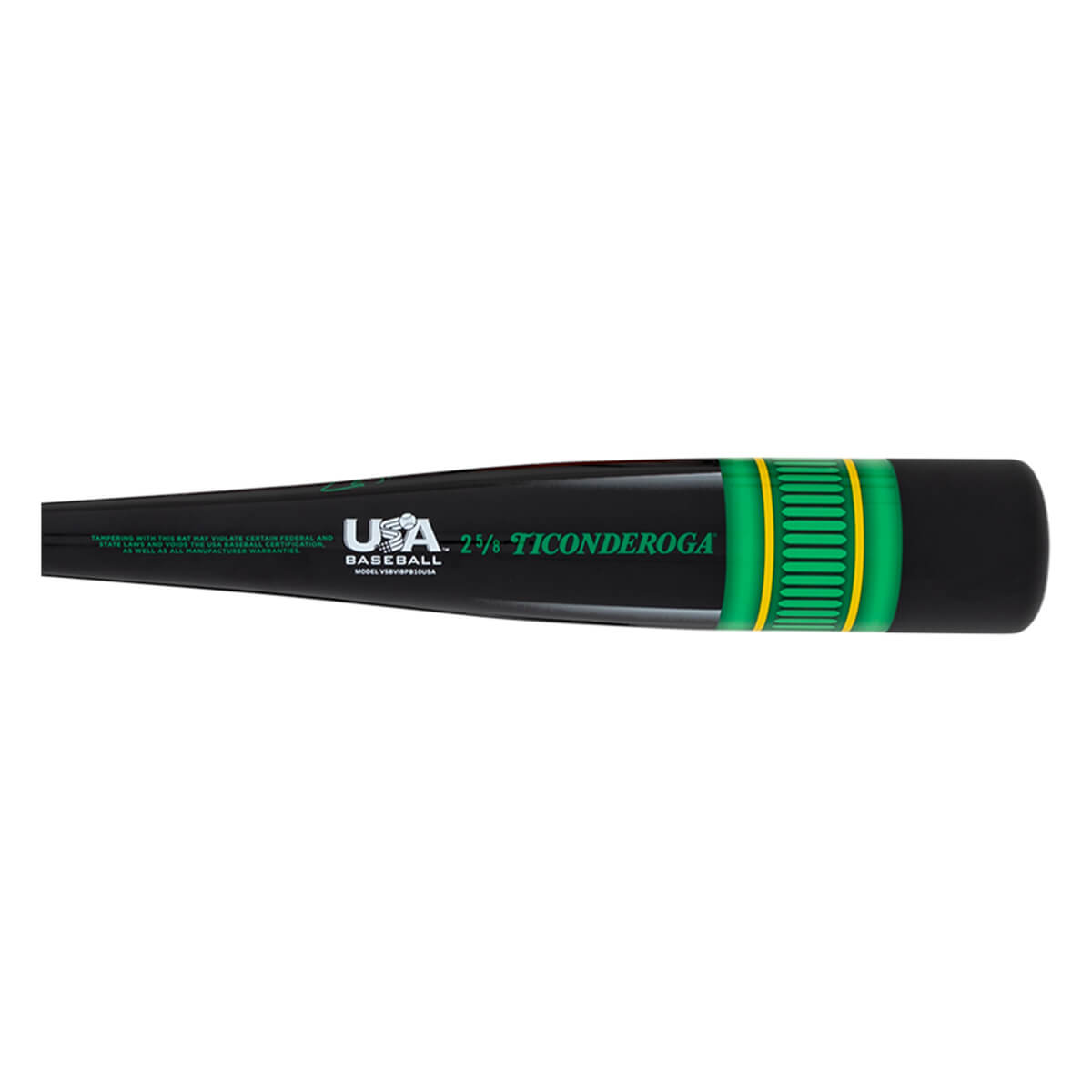 Side view of a black baseball bat with "USA BASEBALL" and "2 5/8 TICONDEORGA" text, featuring green and yellow grip accents.