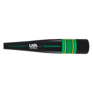 Side view of a black baseball bat with "USA BASEBALL" and "2 5/8 TICONDEORGA" text, featuring green and yellow grip accents.
