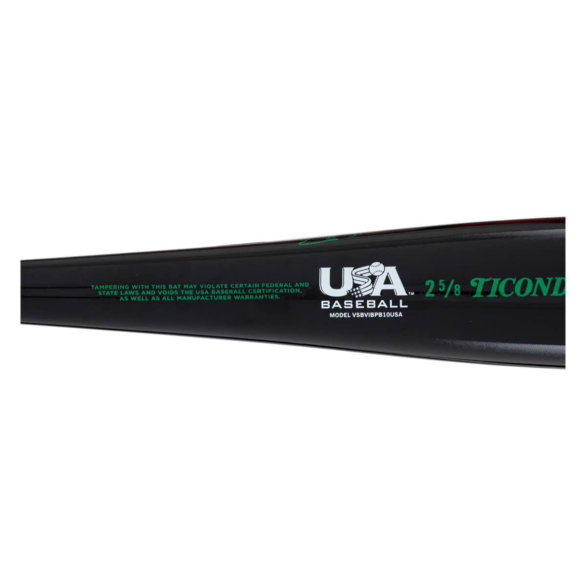 Side view of a black baseball bat with "USA BASEBALL" logo, "2 5/8", and "TICONDEROGA" text.