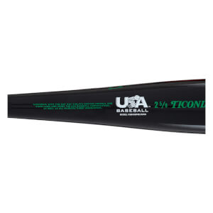 Side view of a black baseball bat with "USA BASEBALL" logo, "2 5/8", and "TICONDEROGA" text.