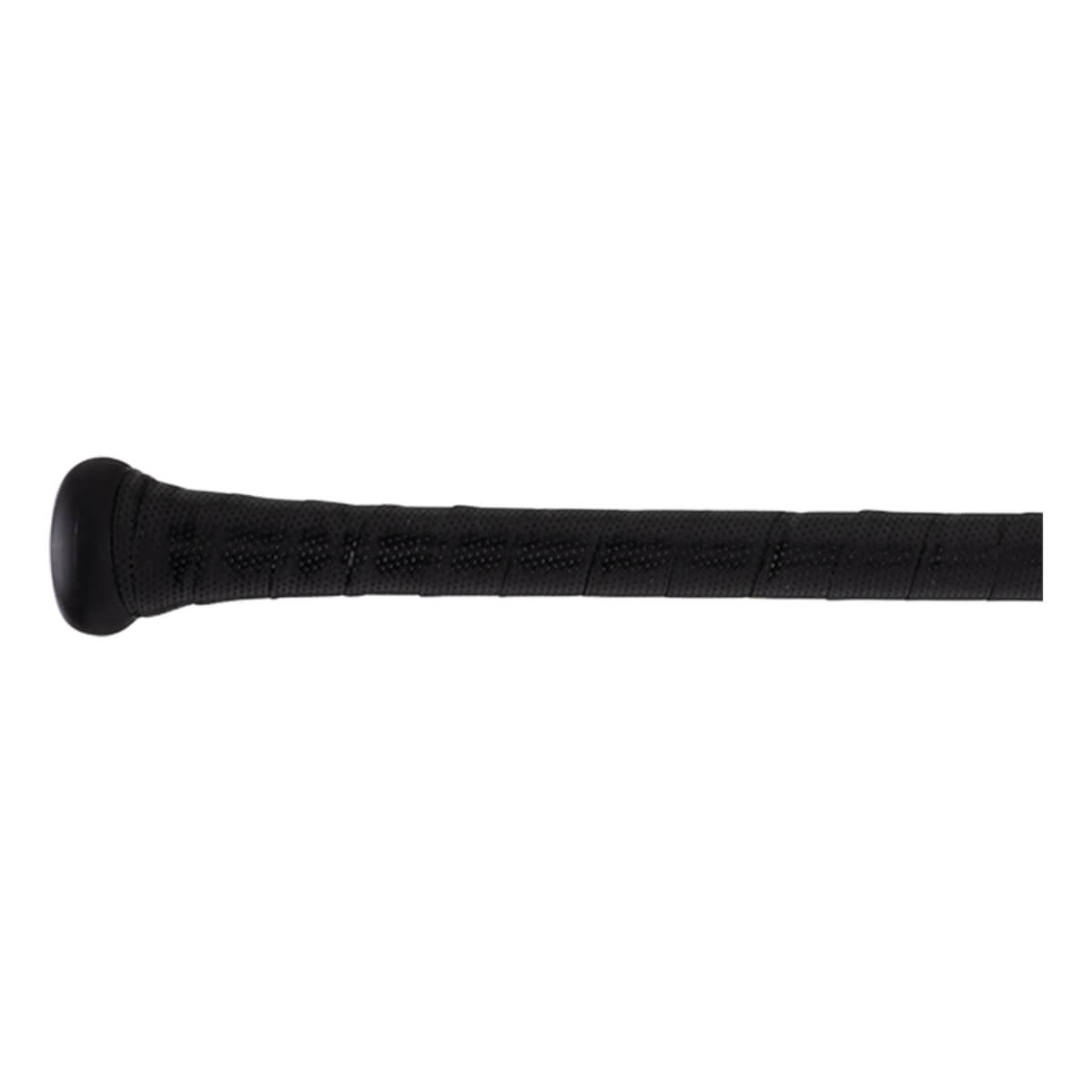 Side view of a black baseball bat grip with a textured pattern and a rounded knob.