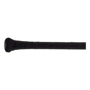 Side view of a black baseball bat grip with a textured pattern and a rounded knob.