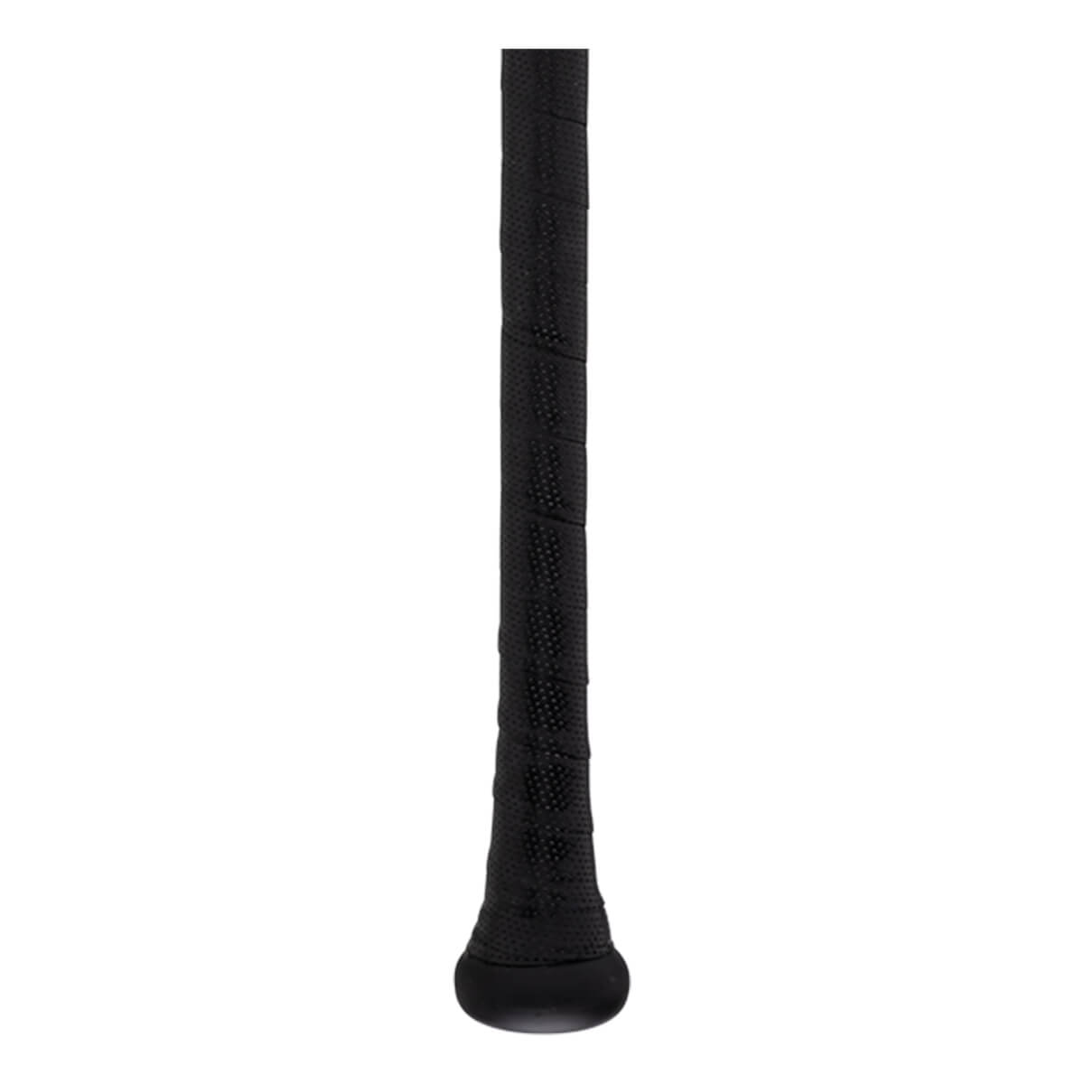 Close-up of a black bat grip with a textured, dimpled pattern and a rounded knob.