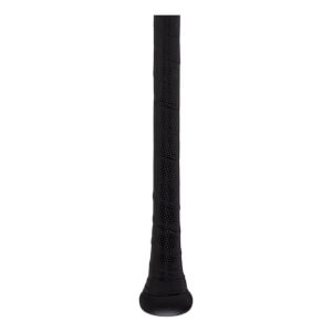 Close-up of a black bat grip with a textured, dimpled pattern and a rounded knob.