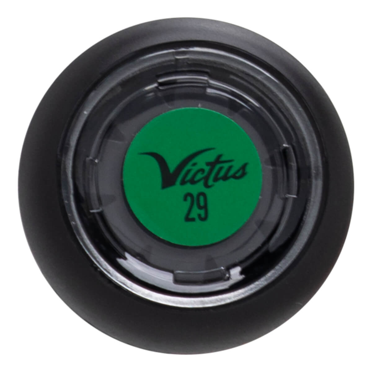 Top-down view of a black bat end cap with a green sticker showing "Victus 29".