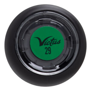 Top-down view of a black bat end cap with a green sticker showing "Victus 29".