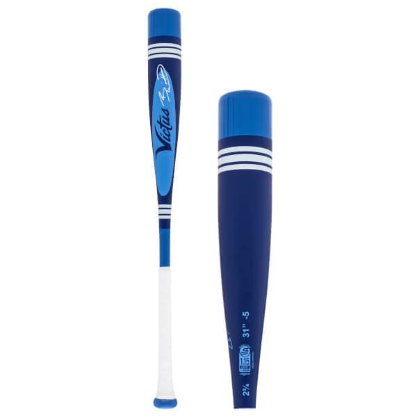 Side view of a blue Victus baseball bat with a light blue barrel section, white stripes, and printed specifications.