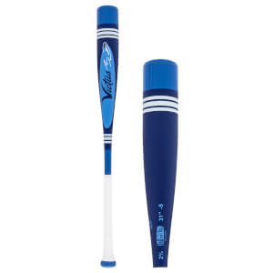 Side view of a blue Victus baseball bat with a light blue barrel section, white stripes, and printed specifications.