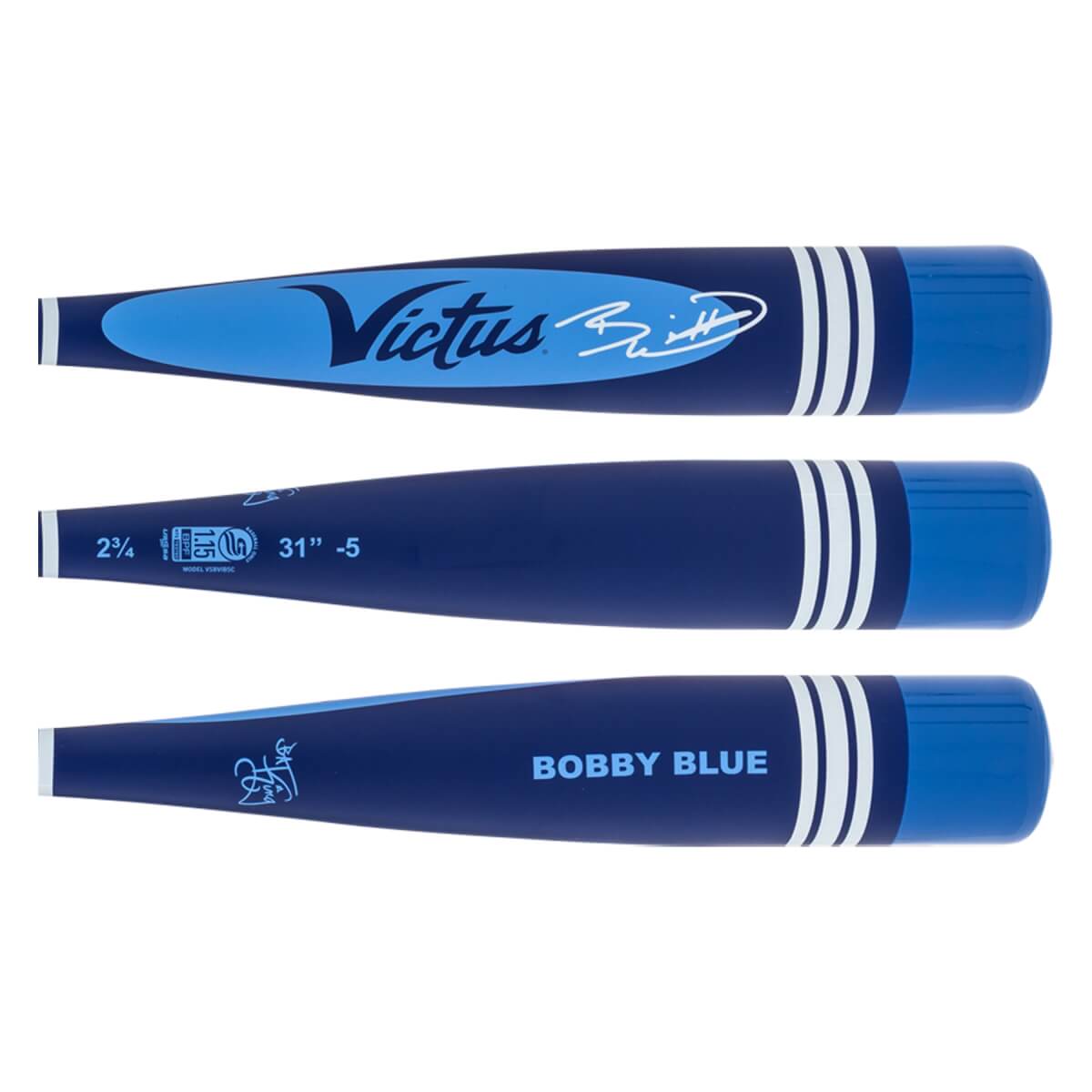 Composite side view of a dark blue and light blue baseball bat with Victus logo, Bobby Blue text, and white stripes.