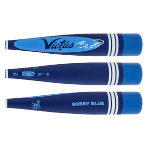 Composite side view of a dark blue and light blue baseball bat with Victus logo, Bobby Blue text, and white stripes.