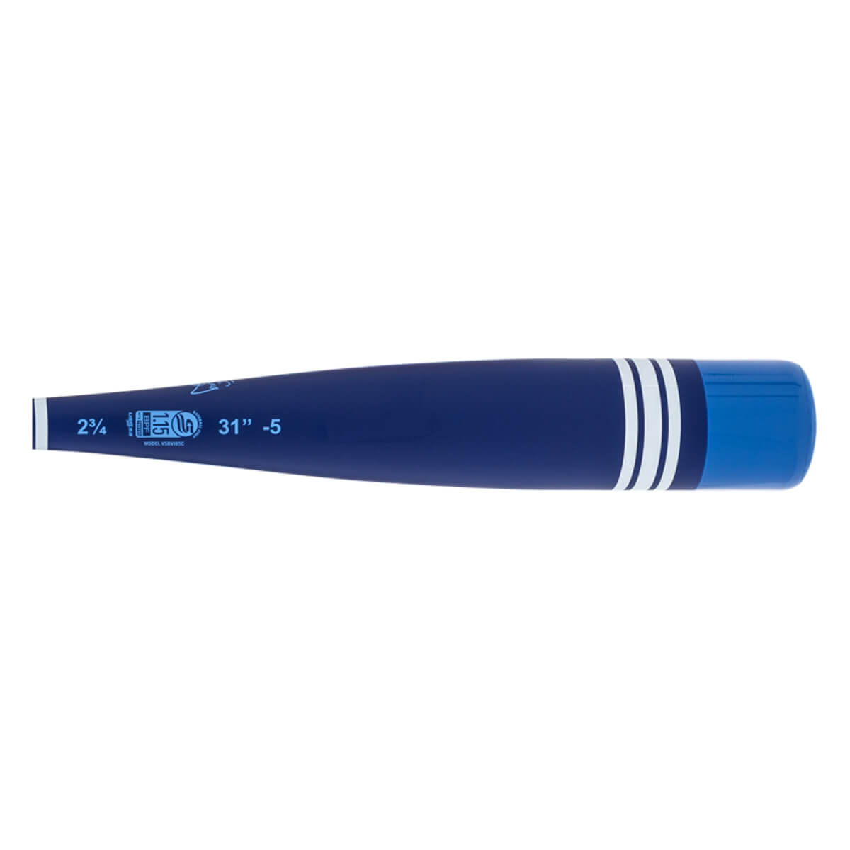 Side view of a dark blue baseball bat with a lighter blue end cap, three white stripes, and 31 -5 printed near the handle.