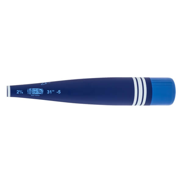 Side view of a dark blue baseball bat with a lighter blue end cap, three white stripes, and 31 -5 printed near the handle.