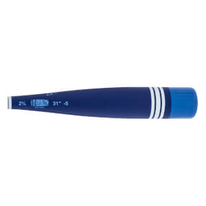 Side view of a dark blue baseball bat with a lighter blue end cap, three white stripes, and 31 -5 printed near the handle.