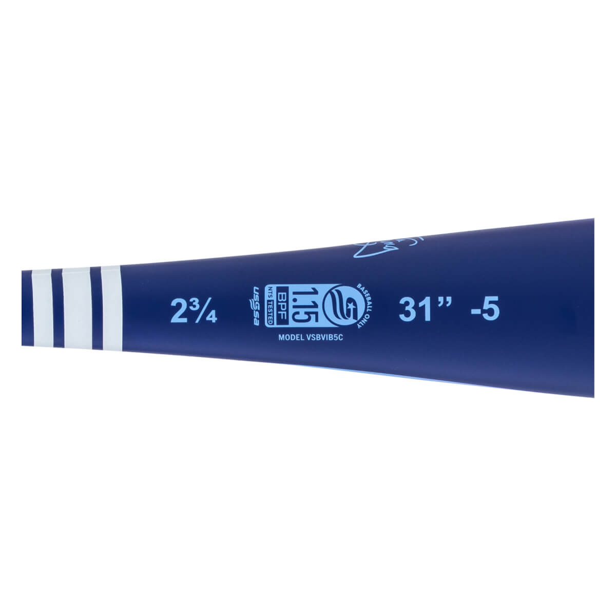 Side view of a blue baseball bat with white stripes, 2 3/4 diameter, and 31 -5 length printed.