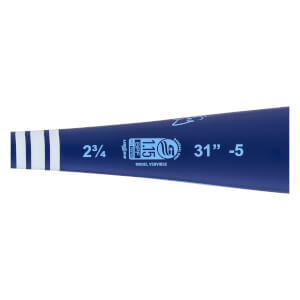 Side view of a blue baseball bat with white stripes, 2 3/4 diameter, and 31 -5 length printed.