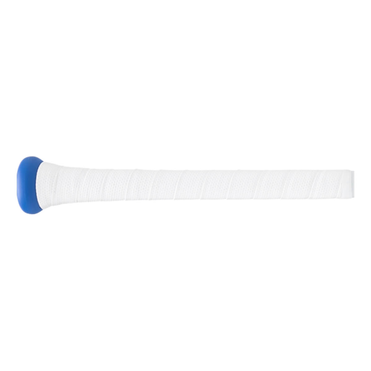 Close-up side view of a white baseball bat grip with a blue knob and spiraled texture.