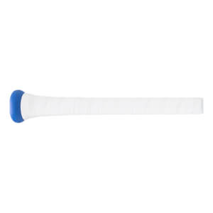 Close-up side view of a white baseball bat grip with a blue knob and spiraled texture.