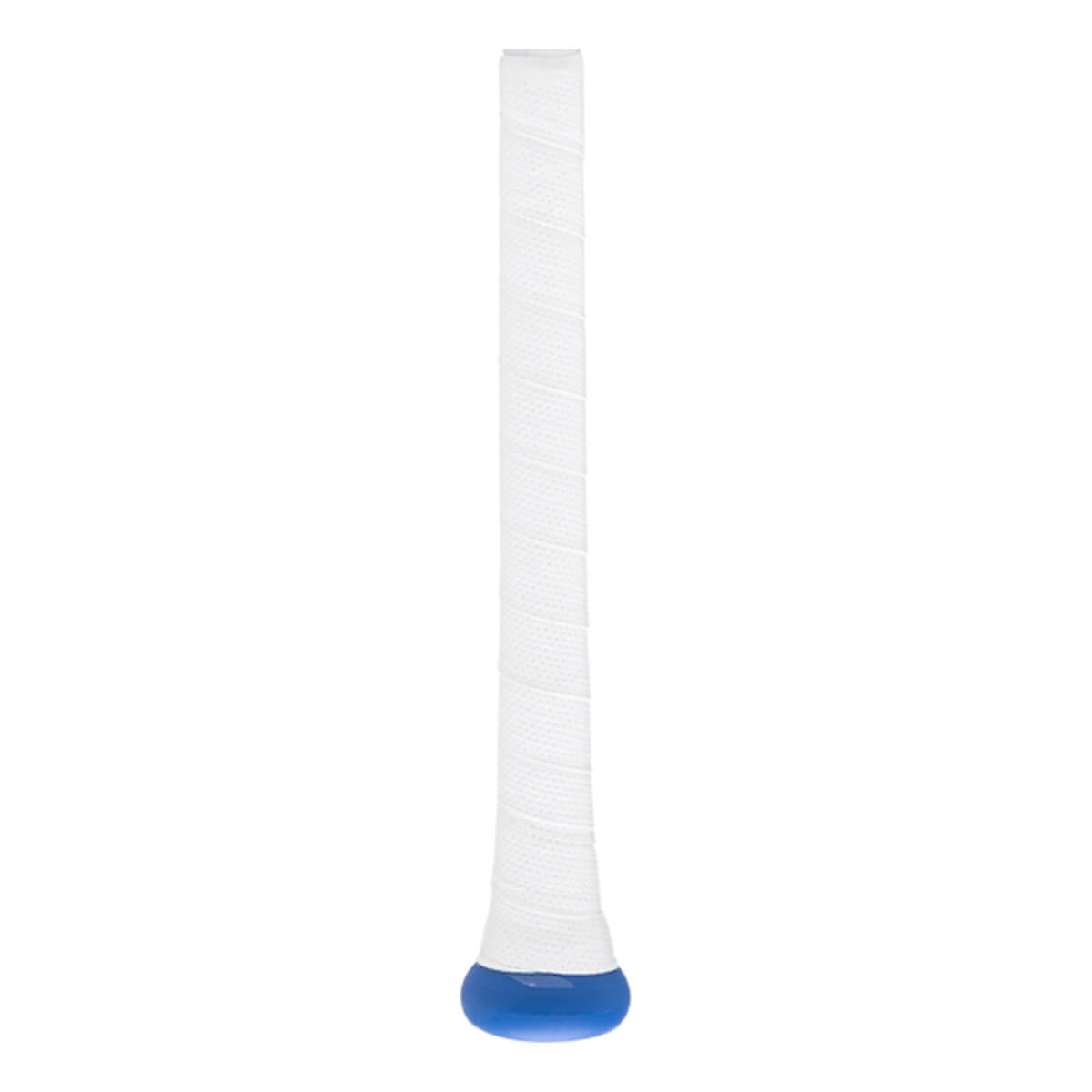 Handle view of a white baseball bat grip with textured tape and a blue knob.