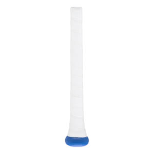 Handle view of a white baseball bat grip with textured tape and a blue knob.