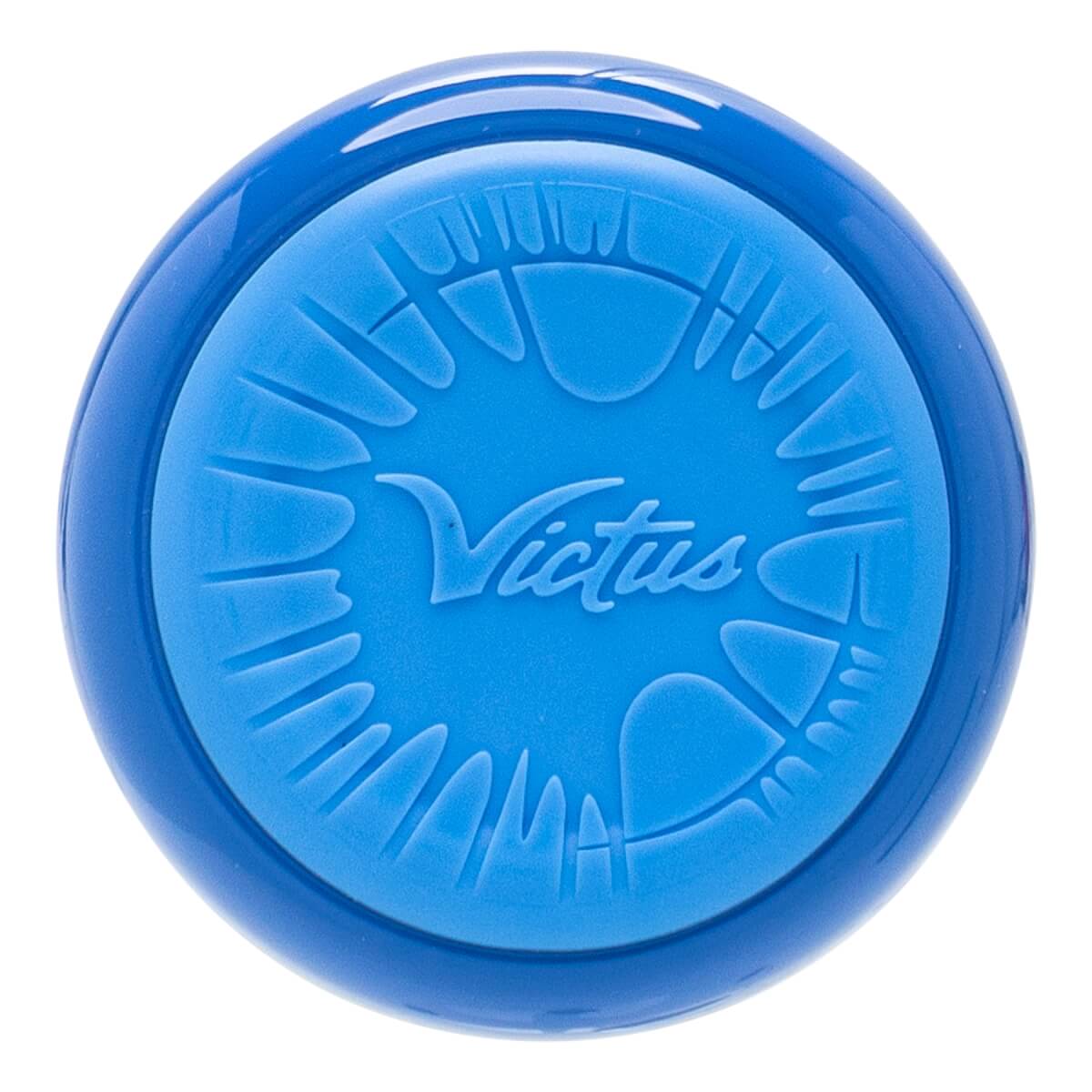 Top-down view of a blue baseball bat end cap with an embossed Victus logo and a textured radial pattern.