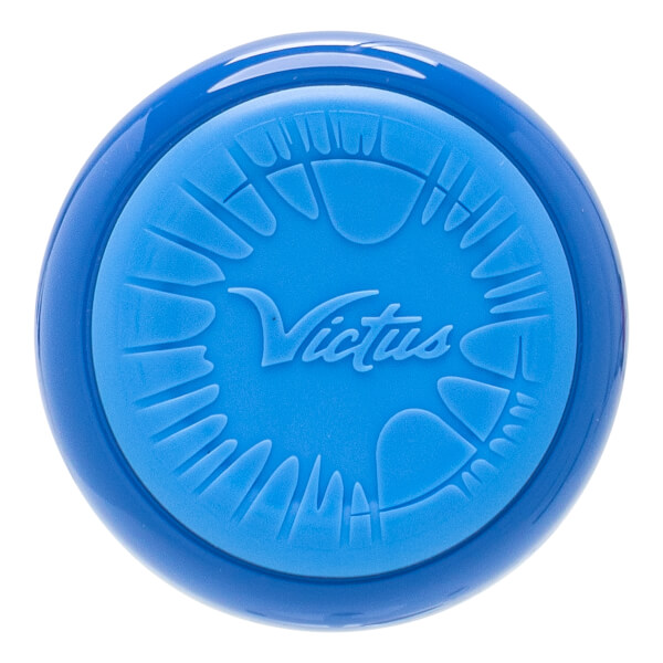 Top-down view of a blue baseball bat end cap with an embossed Victus logo and a textured radial pattern.