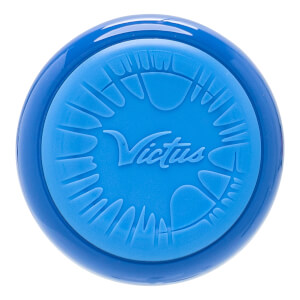 Top-down view of a blue baseball bat end cap with an embossed Victus logo and a textured radial pattern.