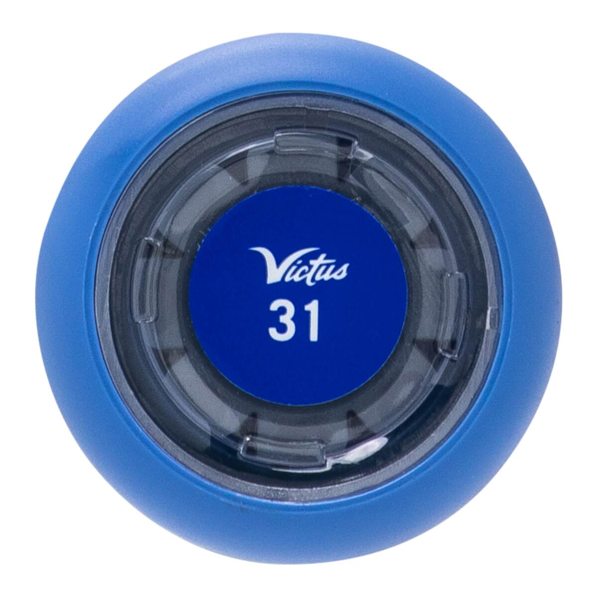 Top-down view of a blue baseball bat end cap with a clear center and Victus 31 printed on a blue disc.