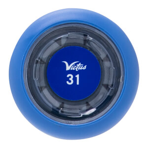 Top-down view of a blue baseball bat end cap with a clear center and Victus 31 printed on a blue disc.