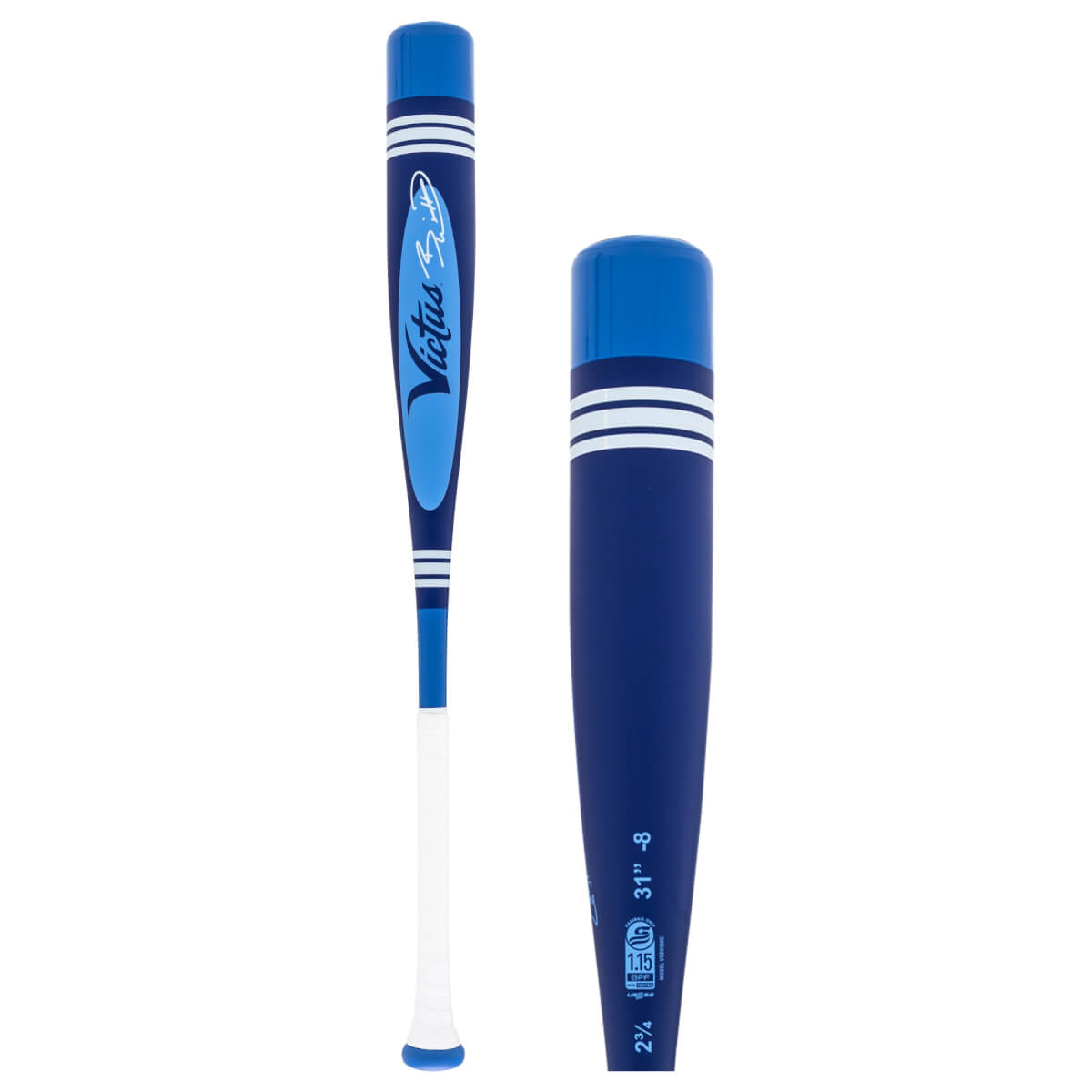Two side views of a blue and white baseball bat, showing the Victus logo and USSSA certification stamp.
