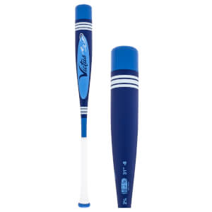 Two side views of a blue and white baseball bat, showing the Victus logo and USSSA certification stamp.