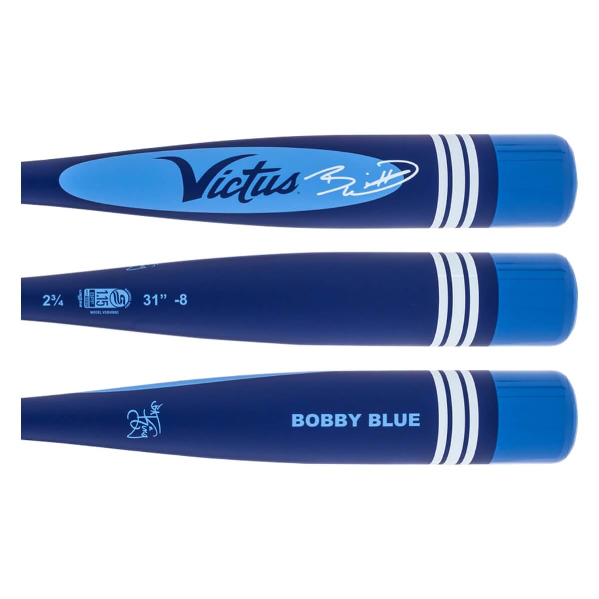 Multiple views of a dark blue baseball bat with light blue Victus branding, Bobby Blue text, and white stripes.