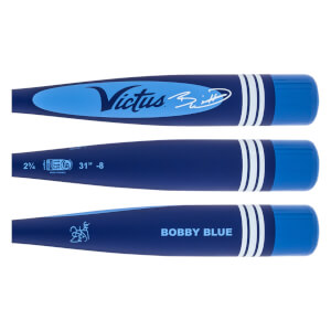 Multiple views of a dark blue baseball bat with light blue Victus branding, Bobby Blue text, and white stripes.