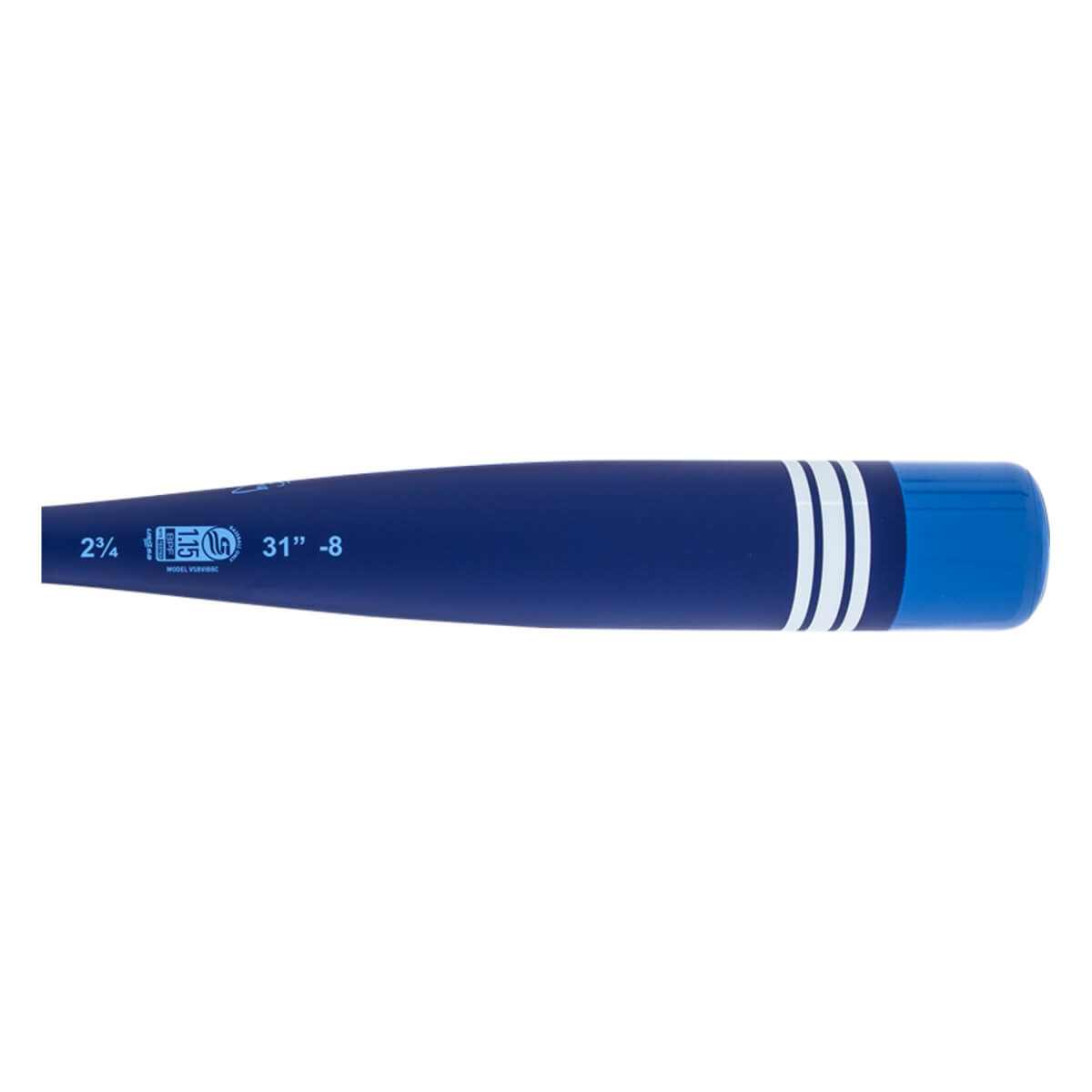 Side view of a dark blue baseball bat with a light blue end cap, three white stripes, and EQ logo and 31 -8 text.