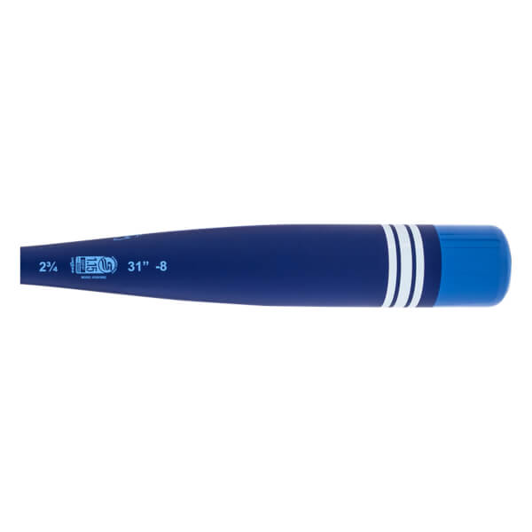 Side view of a dark blue baseball bat with a light blue end cap, three white stripes, and EQ logo and 31 -8 text.