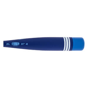 Side view of a dark blue baseball bat with a light blue end cap, three white stripes, and EQ logo and 31 -8 text.