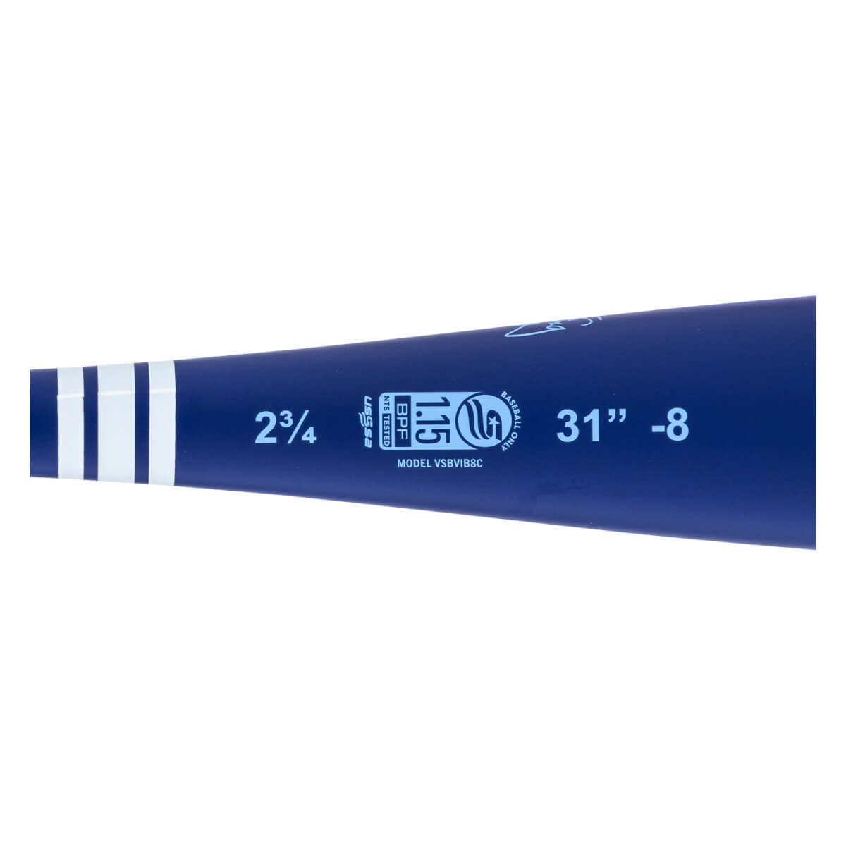 Close-up side view of a blue baseball bat with white stripes, USSSA 1.15 BPF stamp, and 31 -8 text.