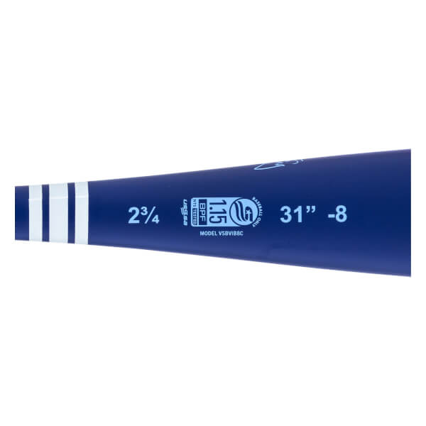 Close-up side view of a blue baseball bat with white stripes, USSSA 1.15 BPF stamp, and 31 -8 text.