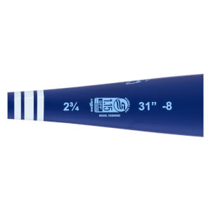 Close-up side view of a blue baseball bat with white stripes, USSSA 1.15 BPF stamp, and 31 -8 text.