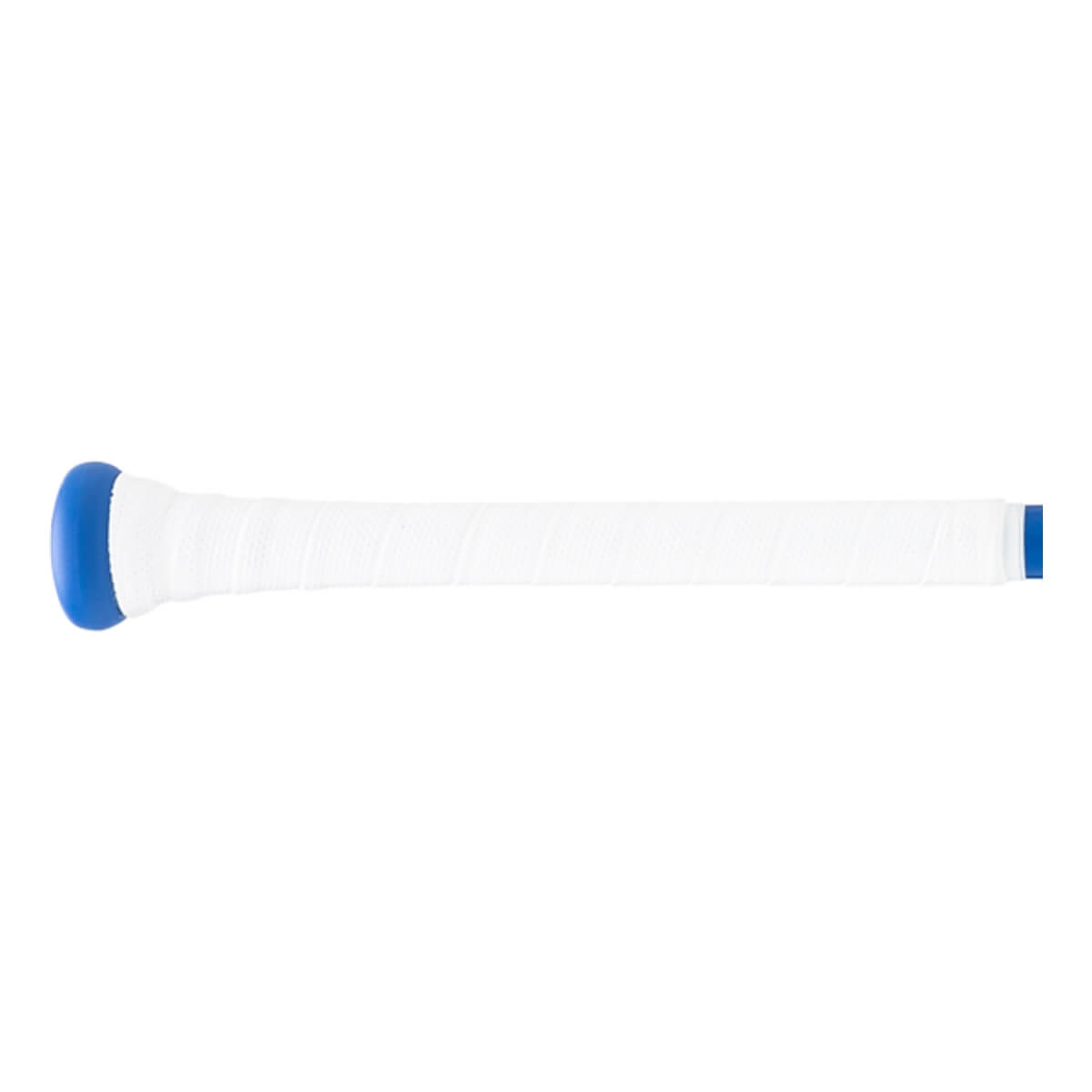 Side view of a white baseball bat handle with a blue knob and blue-banded white textured grip.