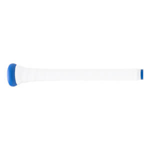 Side view of a white baseball bat handle with a blue knob and blue-banded white textured grip.