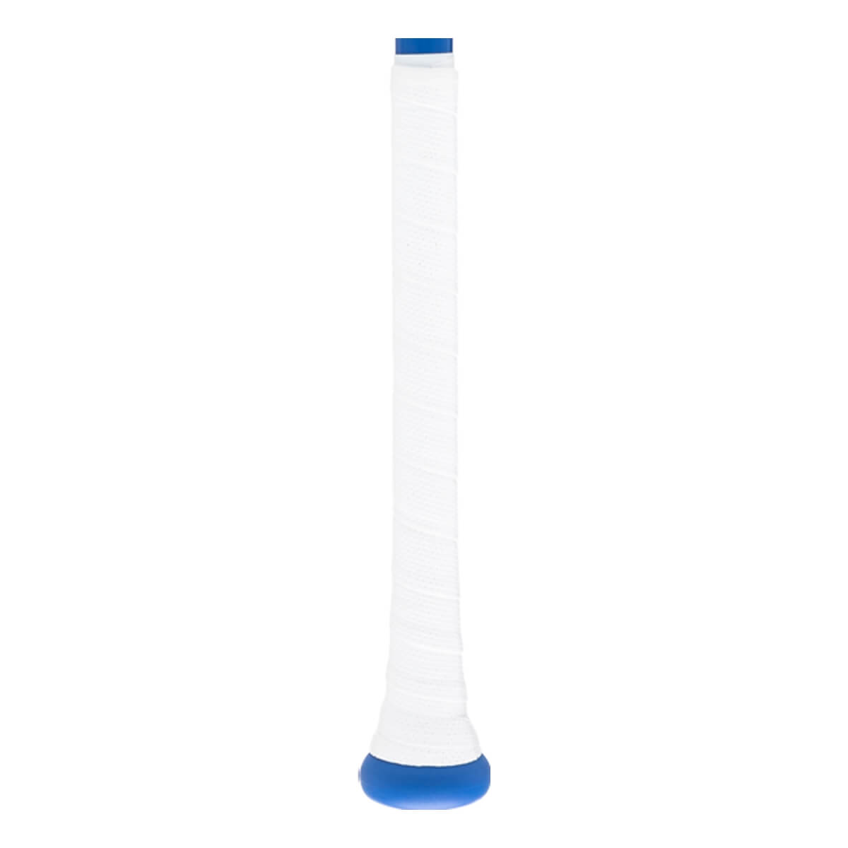 Full view of white baseball bat grip with blue top band and blue knob, featuring a spiral textured wrap.