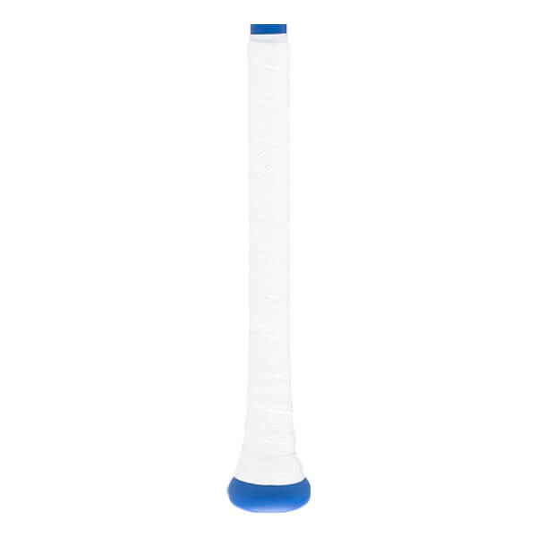Full view of white baseball bat grip with blue top band and blue knob, featuring a spiral textured wrap.