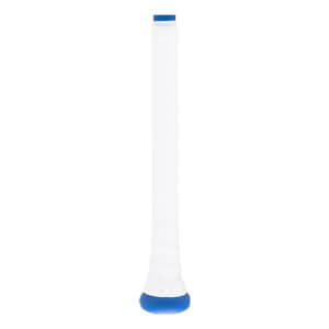 Full view of white baseball bat grip with blue top band and blue knob, featuring a spiral textured wrap.