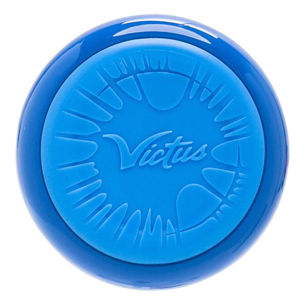 Top-down view of a blue baseball bat end cap with an embossed Victus logo and textured splash design.