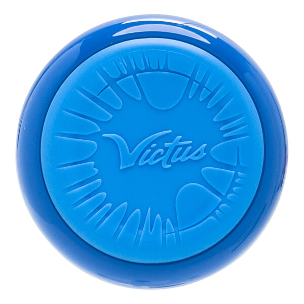 Top-down view of a blue baseball bat end cap with an embossed Victus logo and textured splash design.
