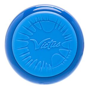 Top-down view of a blue baseball bat end cap with an embossed Victus logo and textured splash design.