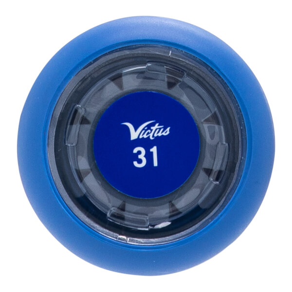 Top-down view of a blue baseball bat end cap with a clear inner section, white Victus logo, and 31 number.